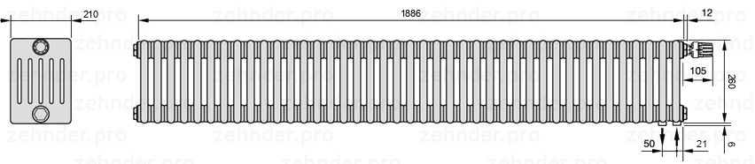 Схема (чертеж) Радиатор Zehnder Charleston 6026/41 №V002 Белый глянцевый RAL 9016